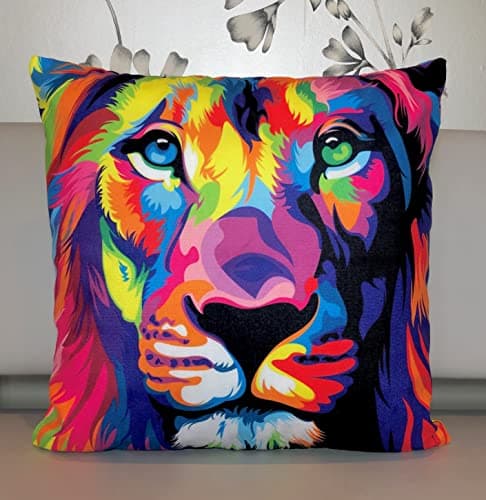 Image of The Beach Stop Neon Rainbow Safari Jungle Lion Cushion Cover | Unique Living Room & Bedroom Animal Decor | Gift Idea | 45x45cm 18x18” | Colourful Lion