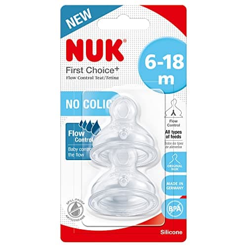 Image of NUK First Choice+ Teats for Baby Bottles | 6-18 Months | Flow Control | Anti-colic Vent | BPA-free | 2 Count