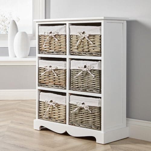 Image of Home Source Bedroom Wooden Storage Unit, Woven Willow Wicker Baskets, 6 Drawer Wide Cabinet Chest, White