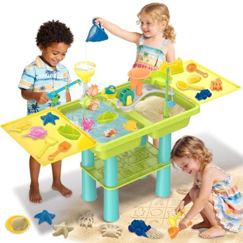 Image of deAO Sand and Water Table for Toddlers, Outdoor Sand Water Play Table with 25PCS Beach Toys and 2 Fishing Pool Toys, Sand Pit Water Activity Table Summer Beach Garden Toy for 3+ Boys Girls (Green)