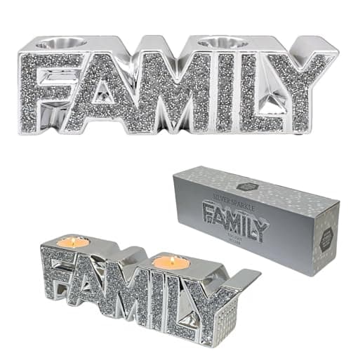 Image of Twin Tealight Holder Silver Family Cut Out Letters Diamante Crystal Home Decor