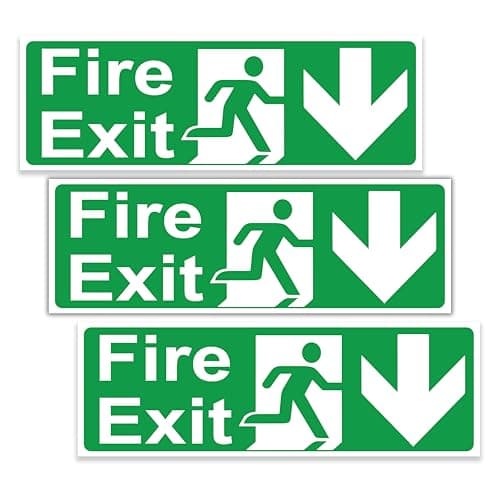 Image of stcky Fire Exit Sign - 30cm x 10cm Ideal Sized Fire Exit Down Arrow Self Adhesive Vinyl Signs [Pack of 3]