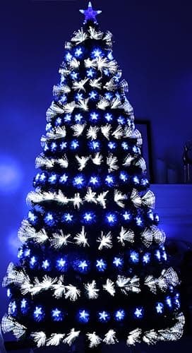 Image of Asinse 7ft Fiber Optic Artificial Christmas Tree, 290 Blue&White LED Lights, Pre-Lit Xmas Tree with 170 Transparent Stars, Metal Stand (7FT/210CM, Type 3)