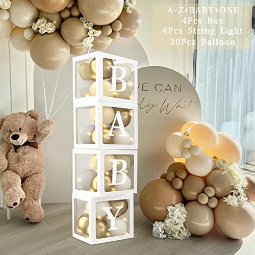 Image of 71Pcs Baby Shower Balloon Box for Boy Girl,4 String Lights,4 Transparent Balloon Boxes Block with 33 Letter,ONE+BABY+A-Z,30 Baby Box Party Balloon(White Sand&Gold) for Baby Shower,Birthday Party Decor