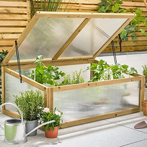 Image of Christow Raised Bed Cold Frame Greenhouse, FSC Wooden Garden Grow House for Vegetables & Plants, Polycarbonate UV-Stabilised Panels for Strong, Healthy Growth, Natural Wood, 100cm x 65cm x 40cm