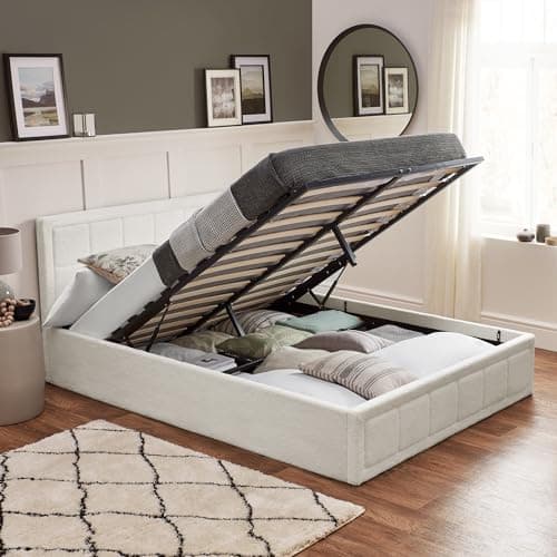 Image of Home Treats Ottoman Bed Frame Double White 135 x190cm | Cream Storage Bed 4ft6 | Upholstered Storage Bed Plush Bouclé Fabric (No Mattress, Double)