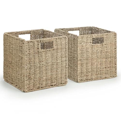 Image of Woodluv Storage Box Set of 2, Storage Baskets for Shelves, Storage Box Cube Organiser With Inserted Handle, Seagrass