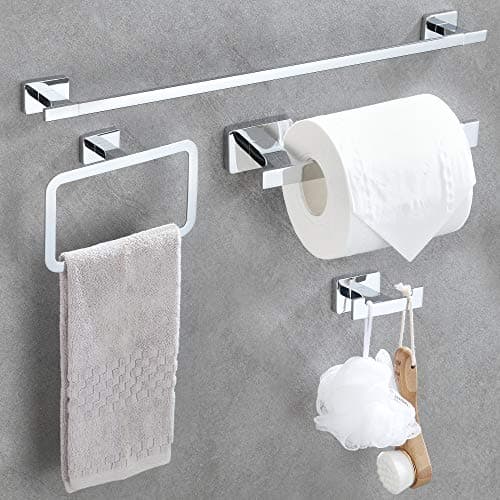 Image of DUFU 4-Piece Bathroom Hardware Set, 40cm Long Towel Rails Stainless Steel Towel Holder Toilet Paper Holder, Rustproof Towel Ring Towel Robe Hook Wall Mounted Towel Storage Rack, Mirror Polish Silver