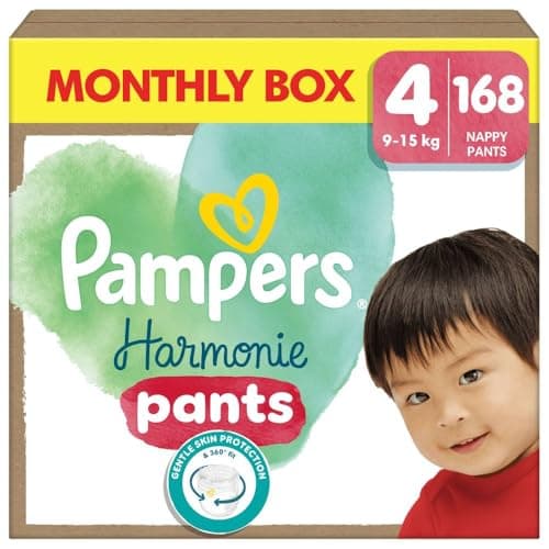 Image of Pampers Harmonie Nappy Pants Size 4, 168 Nappies, 9kg-15kg, Monthly Pack, Gentle Skin Protection and 360° Comfort Fit