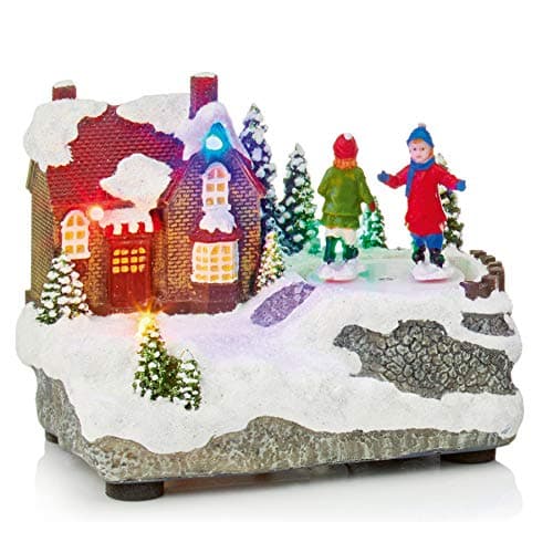 Image of Premier Decorations Christmas 14cm Battery Operated LED Lit Village Scene - House and Skaters Design