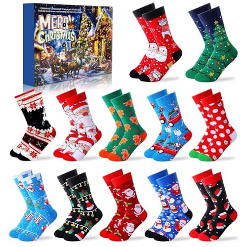 Image of Christmas Sock Advent Calendar 2025, 12 Days of Christmas Advent Calendars for Adult 12 Pairs Surprise Xmas Countdown Warm Cotton Sock Gifts for Men Women Kids