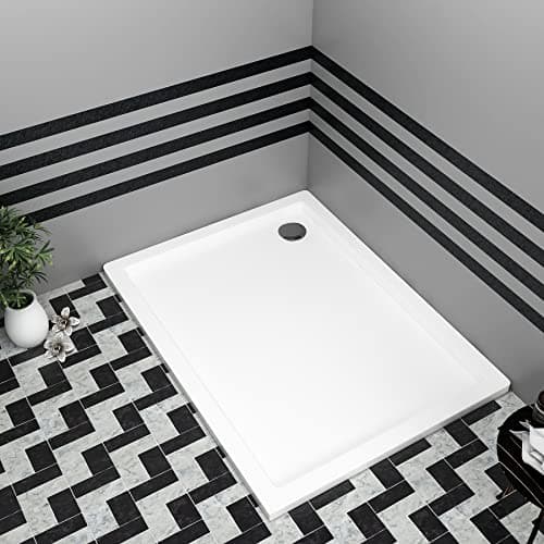 Image of Bathroom 1200 x 700mm Shower Tray Gloss White Slimline 30mm Stone Resin Rectangular Base with Free Waste Trap Kit