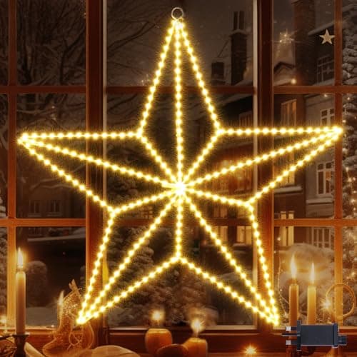 Image of Quntis 50CM 3D Christmas Star Window Lights Mains Powered, 282 LEDs Super Bright Large Xmas Window Decorations Lights for Indoor Outdoor Shop Door Party, Warm White