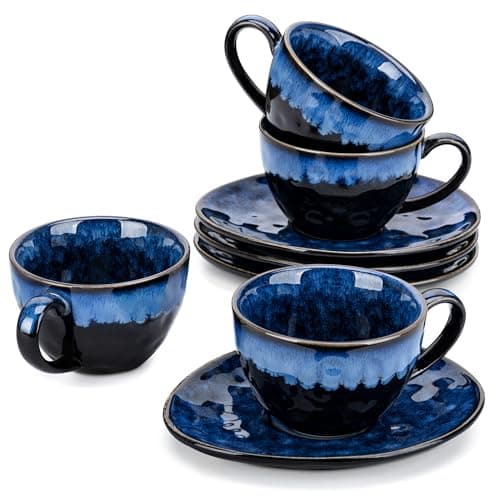 Image of vancasso Starry Cup and Saucer Set, Ceramic Coffee Cup Set for 4 People, 270 ml Afternoon Tea Cup Set, Espresso Cup, Cappuccino Cup, Suitable for All Kinds of Drinks, Blue