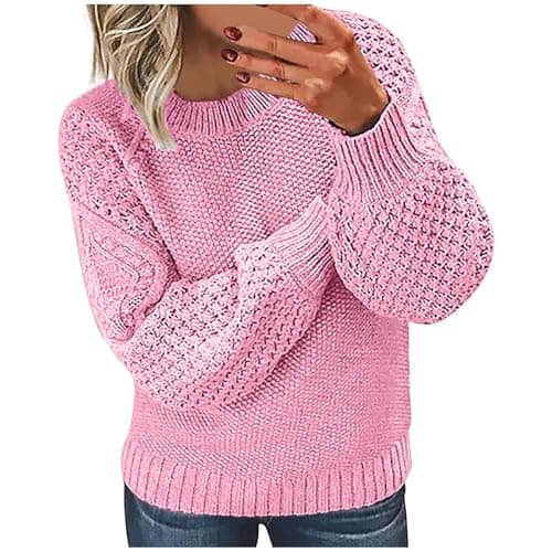 Image of Winter Chunky Knit Jumpers for Women - Plain Knitted Long Sleeve Pullover Tops with Ribbed Cuffs - Solid Color Crew Neck Knitwear Ladies Jumpers Size 8-22 - Pink