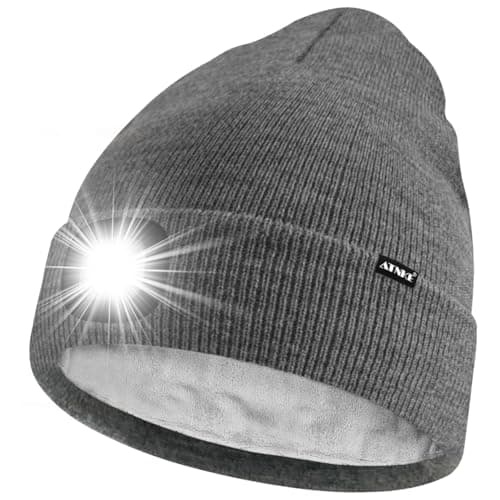 Image of ATNKE LED Lighted Beanie Hat,USB Rechargeable 4 LED Running Headlamp Ultra Bright Cap with Light Hands Free Head Torch Winter Warm Lined Fleece Knit Beany Gifts for Men and Women/Grey
