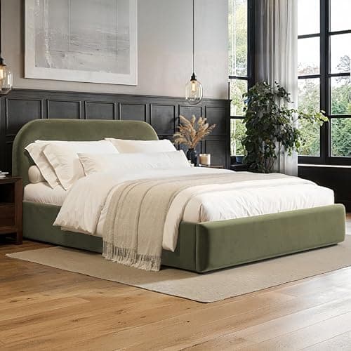 Image of Flair Furnishings - Alba Ottoman Bed, King Size Bed Frame with Storage and Curved Headboard, Easy to Lift, Elegant and Refined (Khaki Green Velvet)