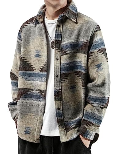 Image of FindThy Men’s Brushed Flannel Shirts Ethnic Aztec Print Button Up Lapel Tribal Shirt Jacket Shacket, Grey, XL
