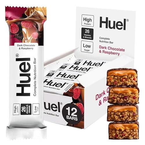Image of Huel Complete Nutrition Bar, 12 x 55g Bars, Dark Chocolate Raspberry, High Protein Bar, Plant-Based Protein Bars, Low Sugar, High Fibre, High-Protein Snack with Vegan Chocolate, Under 210 Calories