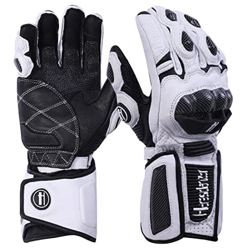 Image of Harssidanzar Leather Motorcycle Gloves Men and Women,Powersports Carbon Fiber Knuckle Protection Motorbike Gloves KM045UK,White/Black,Size L