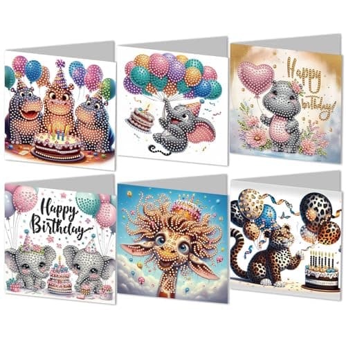 Image of 6 Pcs Diamond Art Birthday Cards & Making Kits For Adults, Paper & Plastic DIY Greeting Cards With Envelopes, Animal-Themed Crystal Art Cards, Festival Gift Card For Birthdays (Multi-Colour)