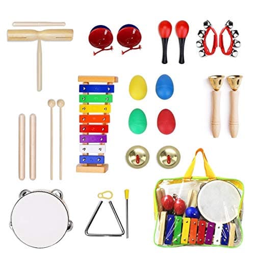 Image of Percussion Musical Instruments Set for Kids, Ulifeme 24 Pieces Rhythm Band Toys Set, Wooden Xylophone Toy Set, Musical Instrument Gift for Baby, Child, Toddler and Preschool Children with One Bag