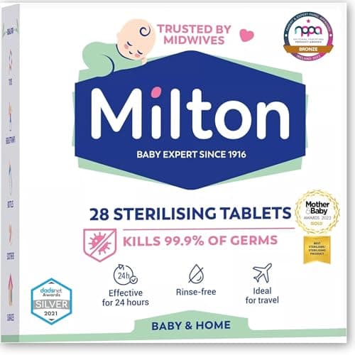 Image of 28 Milton Sterilising Tablets -Kill 99.9% of Germs Milton Cold Water Steriliser Tablets -24 Hr Effective Milton Tablets for Bottles & Feed Equipments -Rinse-Free Milton Steriliser Tablets (Pack of 1)