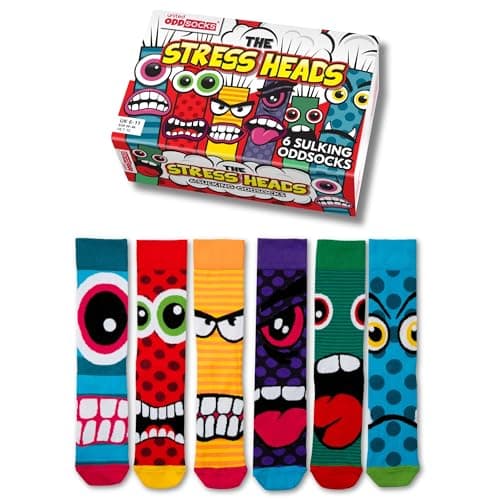 Image of United Oddsocks The Stress Heads Gift Box – 6 Sulking Odd Socks for Men – UK 6–11, EUR 39–46, US 7–12 – Funny Monster-Themed Mix & Match Socks – Colourful Gift for Birthdays, Father’s Day & Christmas