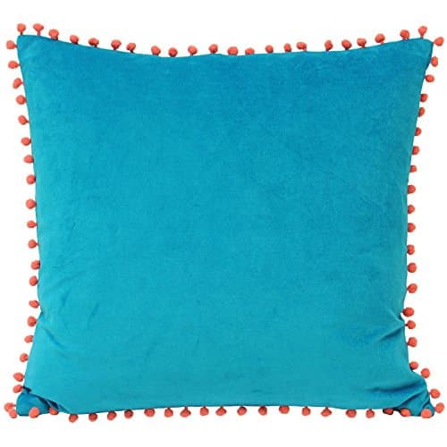 Image of Riva Paoletti Velvet Pompom Cushion Cover - Teal Blue - Faux Velvet Fabric - Contrasting Coral Orange Pompom Edges - Hidden Zip Closure - 100% Soft Cotton - 45 x 45cm (18" x 18" inches)