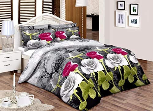 Image of HASSTEX Printed Roses Florence Style 100% Egyptian Cotton Duvet Quilt Cover Bedding Set (Purple-Grey-Roses-Double)