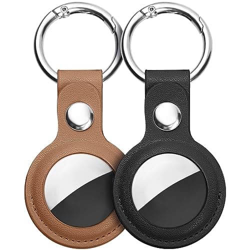 Image of Ainiv Protective Case for Apple Airtags, 2 Pack PU Leather Keyring Case, Tracker Cover for AirTags, Pet Dog Cat Collar Locator Tracker Cover, Key Finder Case for AirTag-Black and Brown