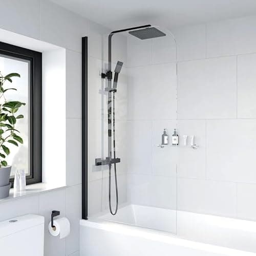 Image of Luxura® 1400 x 800mm Black Over Bath Shower Screen Folding Hinged Door Glass Panels & Screens for Baths, Bathroom Frameless Curved Design, 6mm Toughened Safety Glass, 180° Pivot