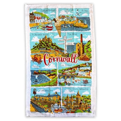 Image of Elgate Cornwall Landmarks Tea Towel – 100% Cotton Illustrated Coastal Souvenir Gift & Home Decoration Kitchen Towel