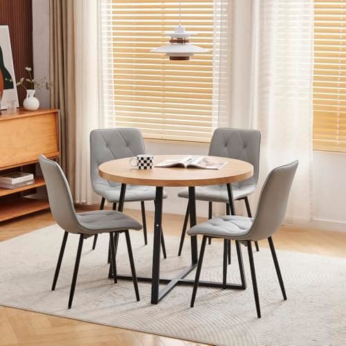 Image of Pantanal Oak Wood Round Dining Table and Velvet Chairs Set of 4 for Small Space, 5 Pieces Compact Kitchen Table with 4 Chairs for Dinette Restaurant (oak table with 4 grey argyle grid leather chairs)