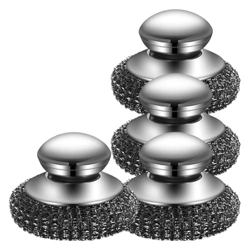 Image of Stainless Steel Scourer, Non Scratch Stainless Steel Scourers with Handle, Washing Up Scourer, Scouring Pad Ball - Easy Grip for Cleaning Kitchen Pots Pans Grills Sink (4Pcs)