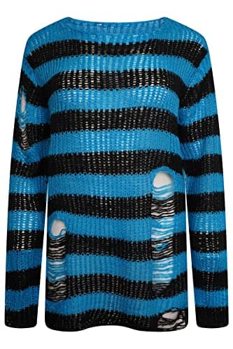 Image of Ro Rox Gothic Knitted Jumper with Distressed Look - Oversized Pullover with Ripped Design, Long Sleeves, Loose Fit, 90s Grunge Style Stripe Pattern, Blue, L-XL