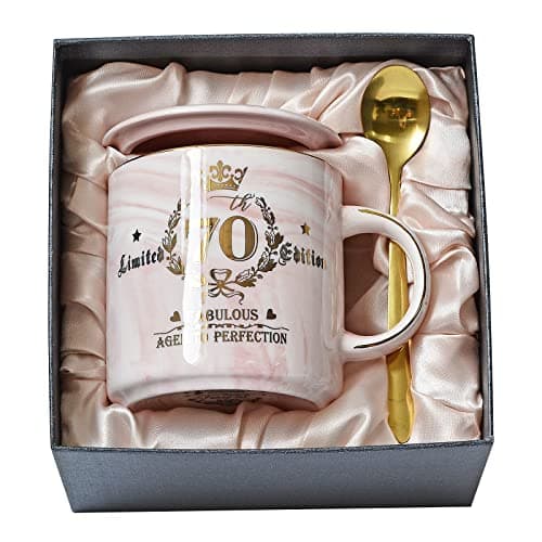 Image of 70th Birthday Gifts for Women, Fabulous 70 Aged to Perfection, 14oz Pink Ceramic Marble Coffee Mug with Golden Pattern, Unique Birthday Present for 70 Year Old Grandma Mum Auntie Wife Friend Sister