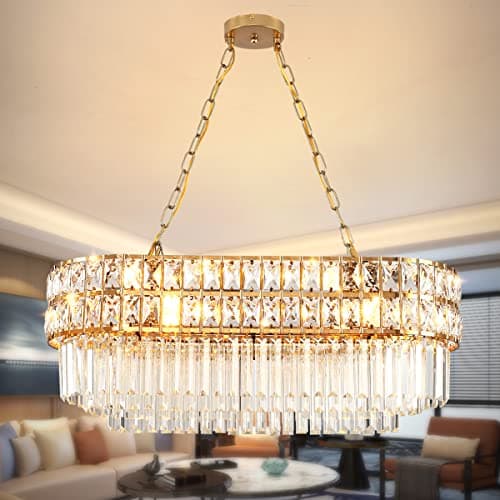 Image of AOOCHOK Modern Crystal Chandelier Gold Finish Light Fixture, Oval Crystal Pendant Light Hanging Lamp, for Living Room, Dining Room, Restaurant, E14 x 8, 75 x 33cm