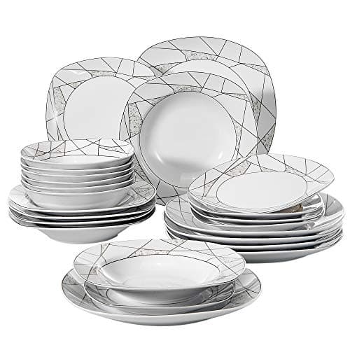 Image of VEWEET 'Serena' 24-Piece Dinner Set Ivory White Irregular Patterns Dinner Set Porcelain Tableware Set with Bowls Dessert Plates Soup Plates Dinner Plates Service for 6