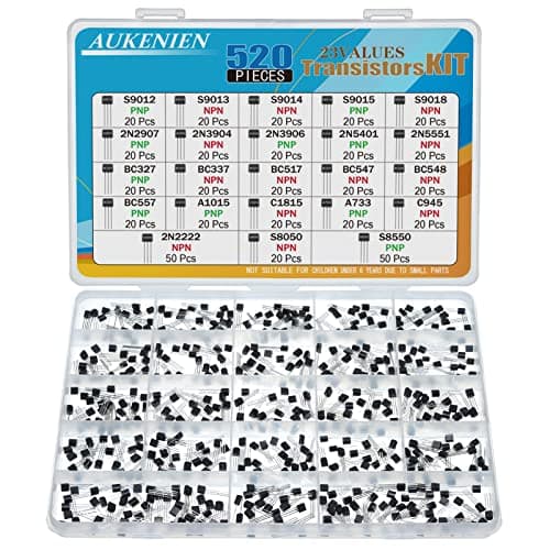 Image of AUKENIEN Transistor Kit 23Values BJT PNP NPN Transistors A1015 A733 C945 C1815 BC557 2N2907 2N3904 2N3906 2N5401 2N5551 S9012 S9013 S9014 S9015 S9018 BC327 BC337 BC517 BC547 BC548 2N2222 S8050 S8550