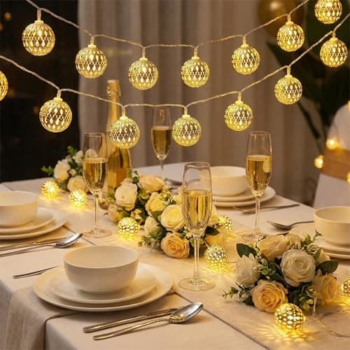 Image of CutitiUU Vintage Moroccan Orb Lights,Fairy String Lights for Bedroom Moroccan Ball 20 Warm LED Lights 3.0m,Rose Gold Metal Goble Dazzling Moroccan Lantern Battery Operated Fairy String Lights