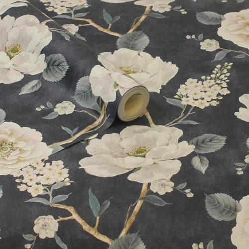 Image of Ashley Floral Navy Wallpaper - Flowers Rose Leaves Naturistic Classic Traditional - Stylish Feature Wall