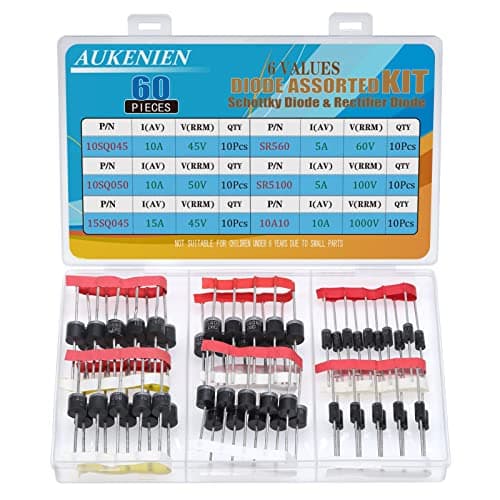 Image of AUKENIEN 6 Values 60pcs Schottky Rectifier Diode Kit 10SQ045 10SQ050 15SQ045 10A10 SR5100 SR560 Diodes 5A 10A 15A 45V 50V 60V 100V 1000V R-6 Axial Solar Panel Blocking Diodes