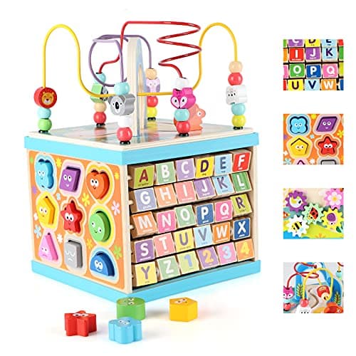 Image of Wondertoys Wooden 5 in 1 Multipurpose ABC-123 Abacus Bead Maze Shape Sorter baby Activity Cube Toy