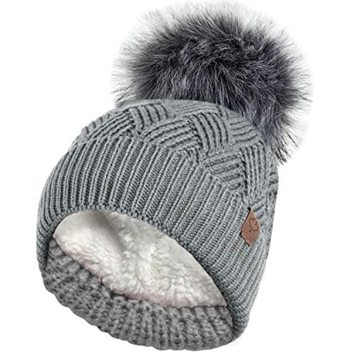 Image of RockJock Ladies Warm Chunky Diamond Cable Knit Hat with Thermal Teddy Fleece Lining and Detachable Faux Fur Pompom-Grey