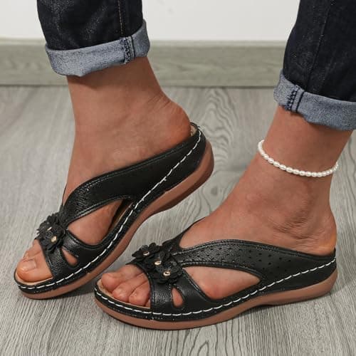 Image of Generic Women's Wide Fit Wedge Sandals & Slides, Size 4 UK, Black, Casual & Beach, Gladiator Style, Open Toe, Adjustable Strap, Patterned, Flat Heel
