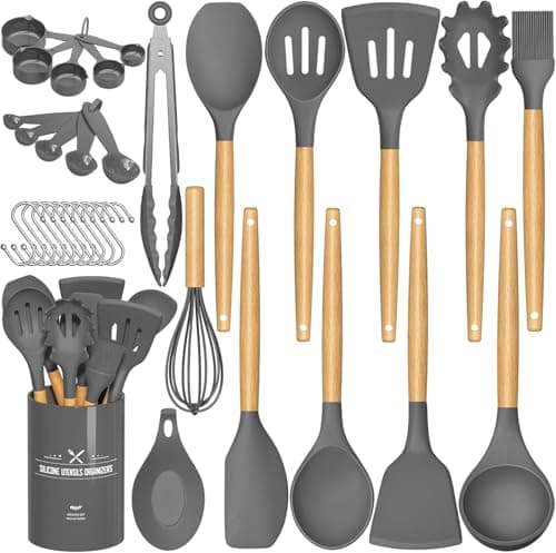 Image of Cooking Utensils Set – 24pcs Non Stick Kitchen Utensils Set with Holder, Natural Wooden Handle Cookware Tongs Spatula Spoon Set, Heat Resistant, Kitchen Tools & Accessories-Grey