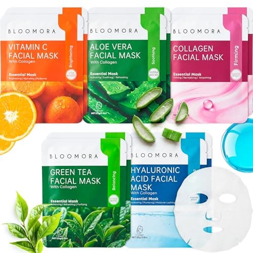 Image of 10 Pack Mixed Face Mask Set with Collagen – Hydrating Sheet Mask Skincare Set for Radiant, Fresh & Nourished Skin, Moisturising Facial Masks for Women & Men