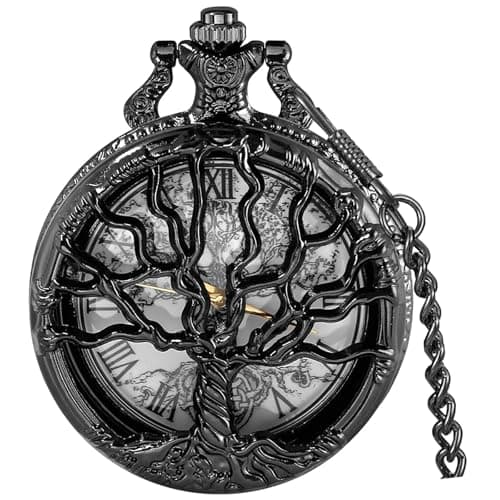 Image of Tiong Black Pocket Watch Hollow Tree of Life Design Roman Numerals Quartz Pocket Watches with Chain Necklace for Men Women