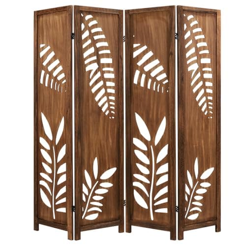 Image of COSTWAY 4/6 Panel Folding Room Divider, Solid Paulownia Wood Privacy Screen Protector with Carved Leaf Pattern, Freestanding Paravent Partition Separator for Living Room Bedroom (4 Panel-160x170cm)